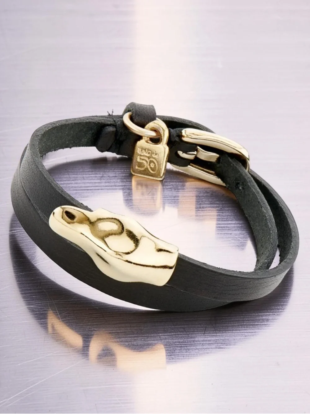 UNOde50 Black Leather Double-Wrap Bracelet with Gold Tone Duck Head & Hardware - Picture 1 of 8